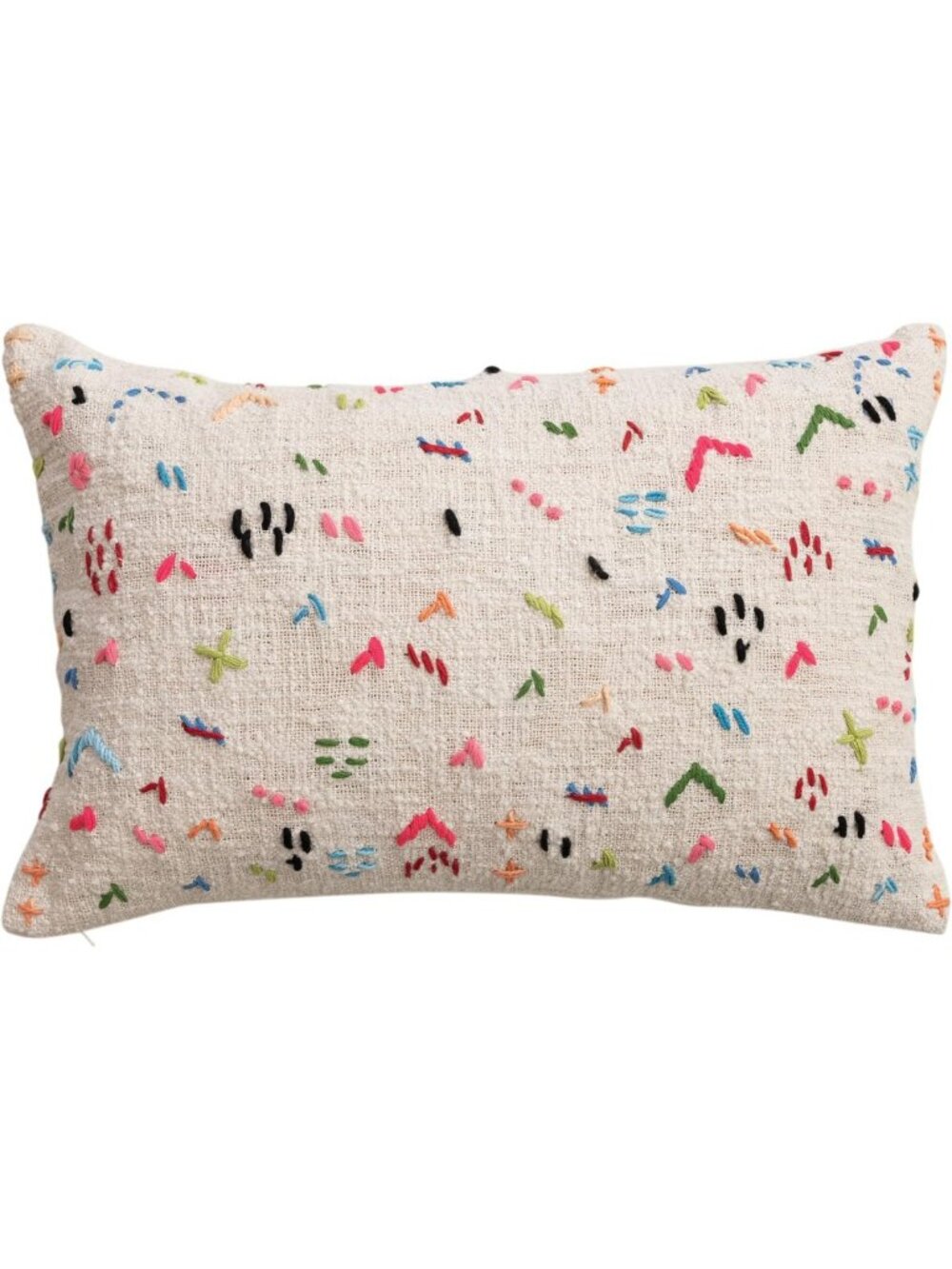 Hand-Embroidered Multicolor Cotton Slub Lumbar Pillow - Boho Home Decor Accent